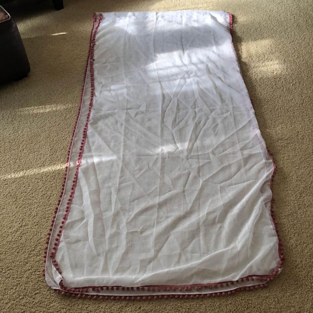 NEW 2 Curtain panels 38”x82” Sheer white with pink pompoms